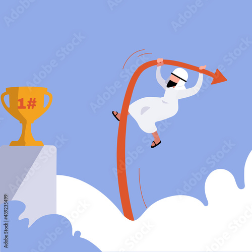 Business concept flat Arab businessman jumping using pole vault to reach trophy. Business competition, career challenge and goal achievement. Male manager reach aim. Graphic design vector illustration