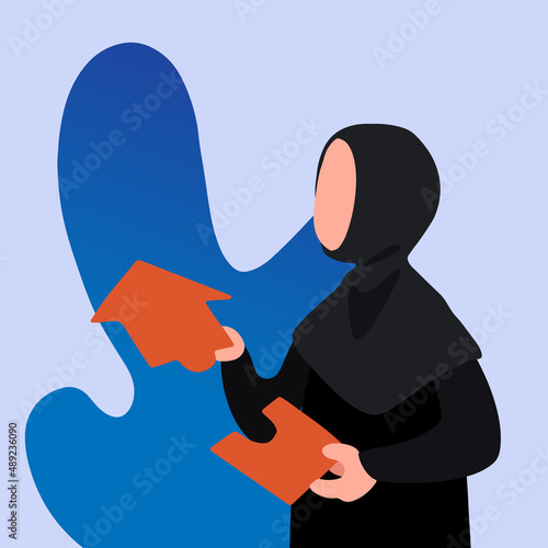 Business concept design Arab businesswoman put arrows together. Business financial investment. Cooperation, support, merger, acquisition. Unite puzzle parts of arrow. Vector illustration flat cartoon