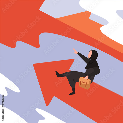 Business concept flat Arabian businesswoman pointing, driving arrow upward. Business moving forward to achieve success. Leadership vision for career growth, future target. Design vector illustration