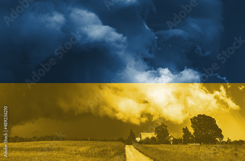 Ukrainian national flag pattern with storm, war concept photo