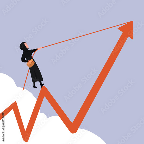 Business concept design Arab businesswoman holding briefcase, pulling arrow graph chart up with rope. Career rise to success. Depicts gain, profit, winning goal. Vector illustration flat cartoon style