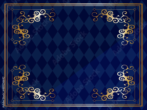 高級感のあるオーナメントの背景　横位置　ブルー＆ゴールド　ダイヤパターン