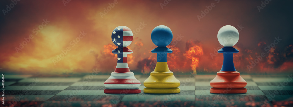 Ukraine, US and Russia conflict. 3D illustration.
