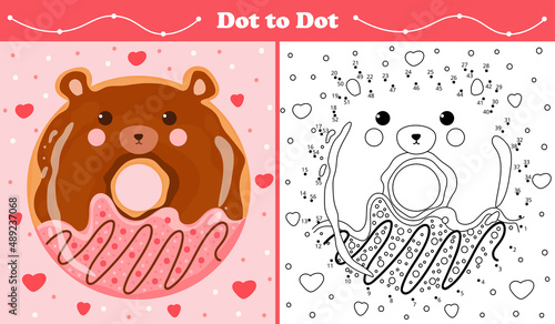 Educational coloring page with dot to dot puzzle for kids with bear shape sweet donut in cartoon style, printable worksheet in childish style for children books