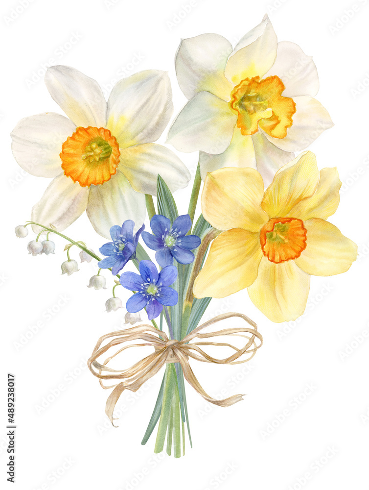 Obraz premium Spring flowers, bouquet with daffodils, watercolor illustration