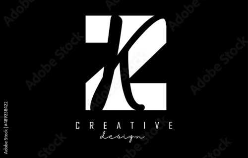 White and Black Letters ZK Logo with a minimalist design. Letters Z and K with geometric and handwritten typography.