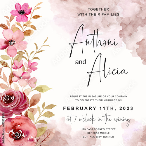 Wedding invitation card with watercolor rose flower