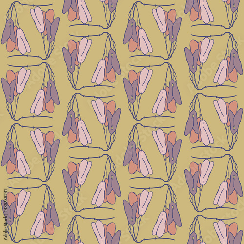 Vintage seamless pattern with botanical line drawings. Earthy neutral colors. On beige background.