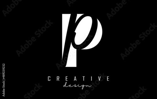 White and Black Letters Pp Logo with a minimalist design. Letters P and p with geometric and handwritten typography.