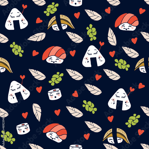 Cute kawaii Sushi, rolls, onigiri. Vector set. Japanese food with emotions, cartoon style. Green leaves and hearts. Colored vector seamless pattern. Blue background