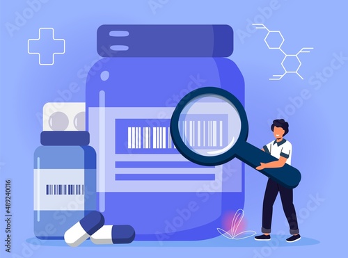 Barcode drug Tiny pharmacist scanning barcode of medicine pills in a pharmacy drugstore Prescription bottle pad pills Equipment for accounting of goods Vector illustration flat design