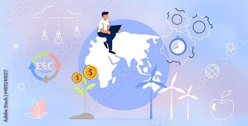 ESG concept of environmental, social and governance in sustainable and ethical business Vector illustration flat design Taking care of environmental condition Preserving resources of planet