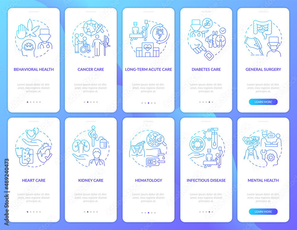 Naklejka premium Medical center services blue gradient onboarding mobile app screen set