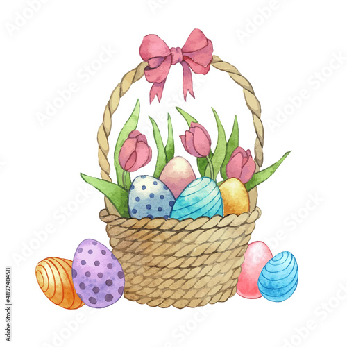Watercolor spring Easter hand painted illustration - wicker basket with a bow filled with colored eggs, green leaves, tulips flowers. Perfect composition (clipart). Vector illustration