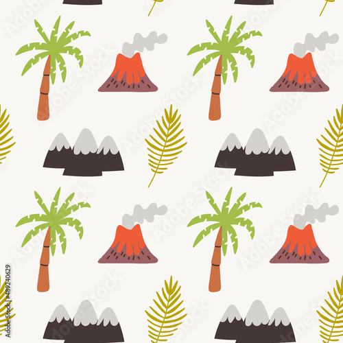 Seamless Pattern Palm mountains volcano