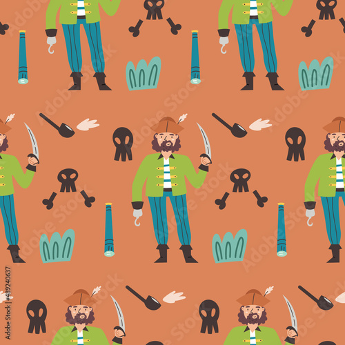Seamless pattern pirate smoking pipe skull