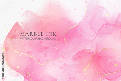 Rose pink liquid watercolor background with golden dots. Dusty blush marble alcohol ink drawing effect. Vector illustration design template for wedding invitation, menu, rsvp