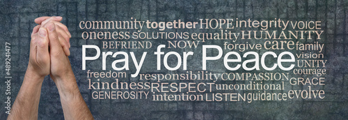 Schilderij op canvas Pray for Peace male hands word cloud - male hands clasped in prayer position bes