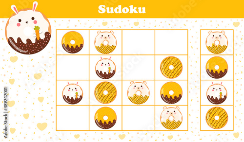 Printable sudoku worksheet for kids with cute animal donuts with bunny and bear, puzzle for children book in cartoon style