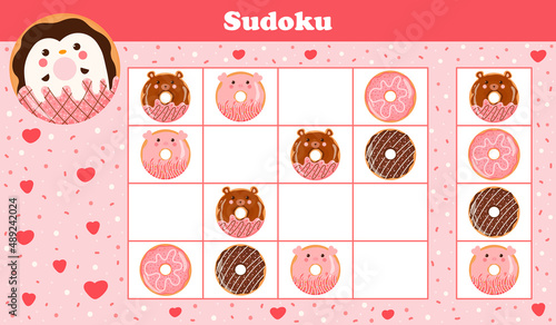 Printable sudoku worksheet for kids with cute animal donuts with penguin, pig and bear, puzzle for children book in cartoon style