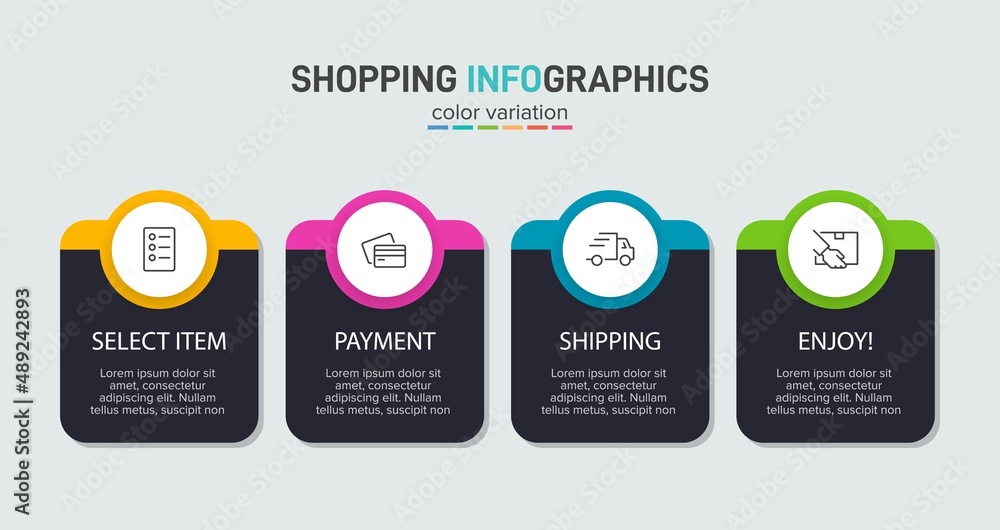 Obraz premium Concept of shopping process with 4 successive steps. Four colorful graphic elements. Timeline design for brochure, presentation, web site. Infographic design layout.