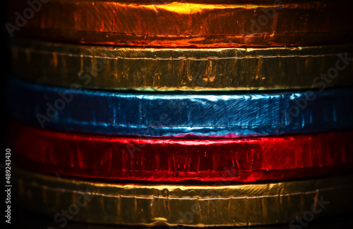 Stack of coin candies with colorful foils photo