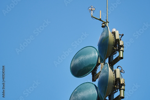 close-up of military radars and radars against the blue sky