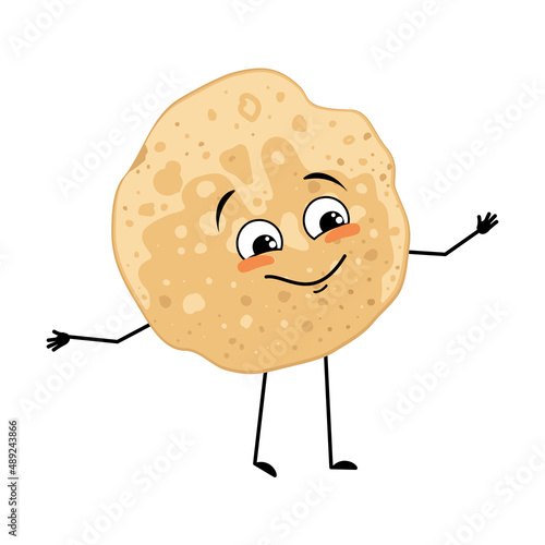 Pancake character with joyful emotions, happy face, smile, eyes, arms and legs. Baking person, homemade pastry with funny expression. Food emoticon for carnival or Maslenitsa. Vector illustration