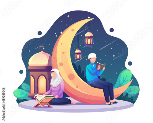 Muslim couple man and woman reading the Quran and praying during Ramadan Kareem Holy Month. Flat style vector illustration