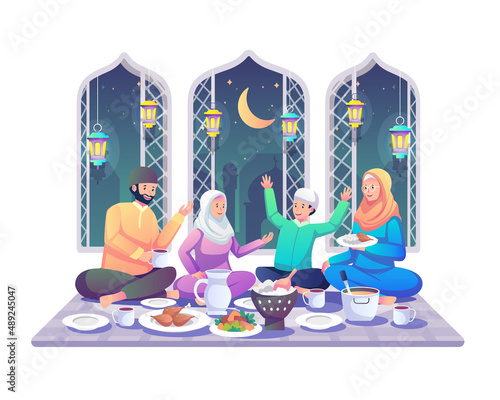 Muslim Family eating Iftar after fasting. Enjoying Ramadan Kareem Mubarak together in happiness during fasting. Flat style vector illustration