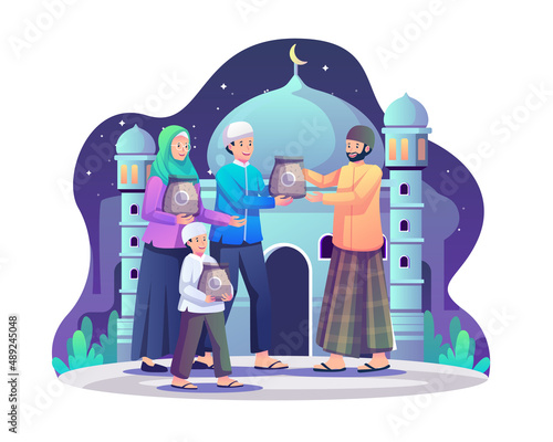 The Family gives Zakat charity, an important Islamic obligation of donation and charity on Holy Month Ramadan Kareem. Flat style vector illustration