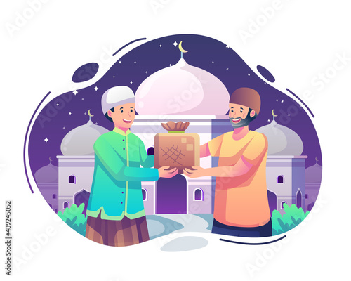 Young man giving food or zakat to an old man at Holy month Ramadan. People giving Almsgiving and charity. Flat style vector illustration