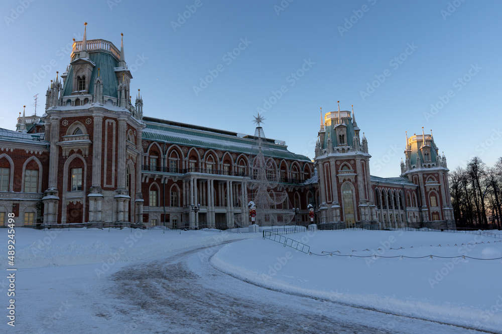 view of the main palace in the Tsaritsyno museum on a winter day