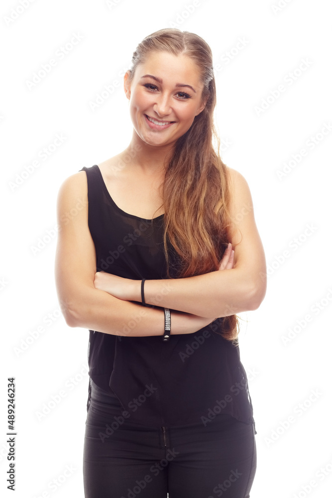 Shes got a positive attitude. Studio shot of an attractive woman posing against a white background. Shes got a positive attitude. Studio shot of an attractive woman posing against a white background.