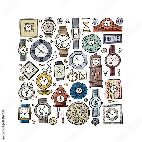 Set of clocks and watches in different style. Retro and modern collection for your design