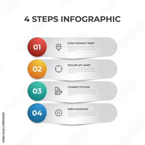 4 list diagram, vertical row of steps layout with number of sequence and icons, infographic element template