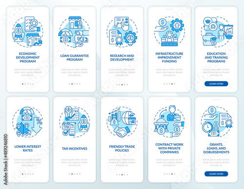 Small business incentives blue onboarding mobile app screen set