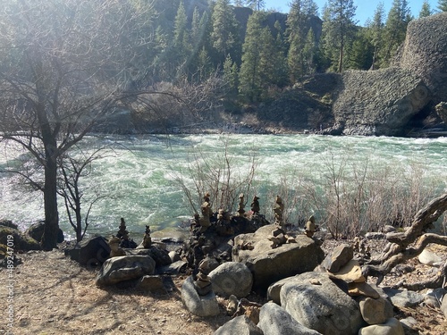 Rock stacks on the river bank