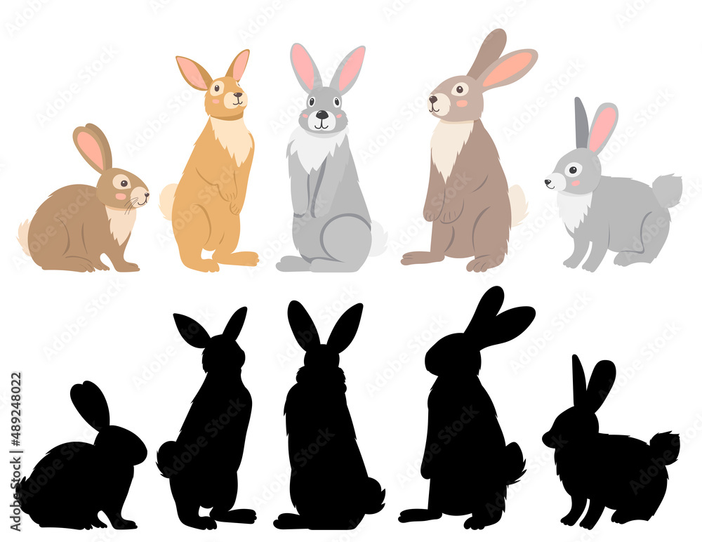 rabbits set flat design on white background, isolated vector