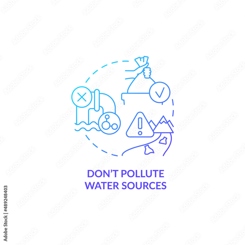 Dont pollute water sources blue gradient concept icon. Plastic packages and bottles in waterways abstract idea thin line illustration. Isolated outline drawing. Myriad Pro-Bold font used Dont pollute water sources blue gradient concept icon. Plastic packages and bottles in waterways abstract idea thin line illustration. Isolated outline drawing. Myriad Pro-Bold font used