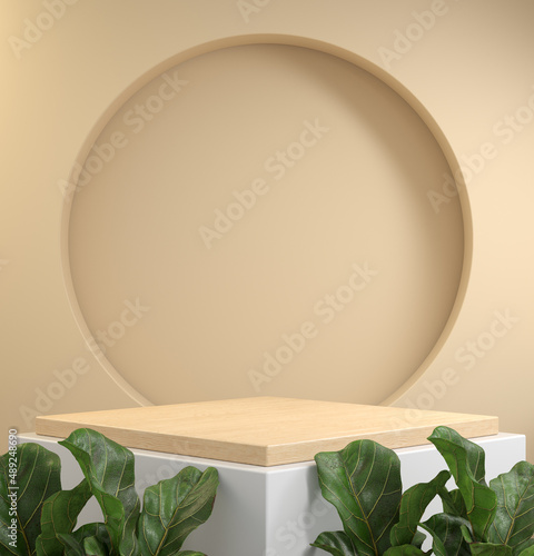 Wallpaper Mural 3d Rendering Wood Display Podium, Tropic Plant, Beige Pastel Color Illustration Background Torontodigital.ca