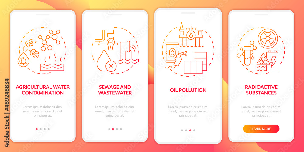 Water pollution causes red gradient onboarding mobile app screen. Walkthrough 4 steps graphic instructions pages with linear concepts. UI, UX, GUI template. Myriad Pro-Bold, Regular fonts used Water pollution causes red gradient onboarding mobile app screen. Walkthrough 4 steps graphic instructions pages with linear concepts. UI, UX, GUI template. Myriad Pro-Bold, Regular fonts used