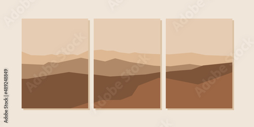 Set of abstract landscape posters. Modern background flat design, contemporary boho mountains minimalist wall decor.