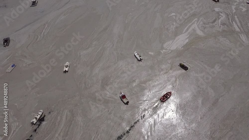 Aerial view of mucilage along the coast near the harbour at the Marmara Sea coast of Istanbul, Turkey.