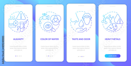 Water quality analysis blue gradient onboarding mobile app screen. Walkthrough 4 steps graphic instructions pages with linear concepts. UI, UX, GUI template. Myriad Pro-Bold, Regular fonts used