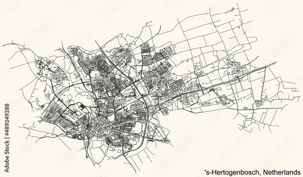 Fototapeta premium Detailed navigation black lines urban street roads map of the Dutch regional capital city of 'S-HERTOGENBOSCH, NETHERLANDS on vintage beige background
