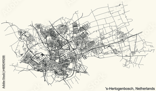 Detailed navigation black lines urban street roads map of the Dutch regional capital city of 'S-HERTOGENBOSCH, NETHERLANDS on vintage beige background