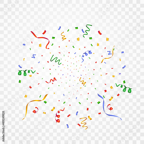 Confetti vector for occasion or festival background. Simple confetti and ribbon flying background. Simple red, green, golden, blue confetti on transparent background. Celebration event and party.
