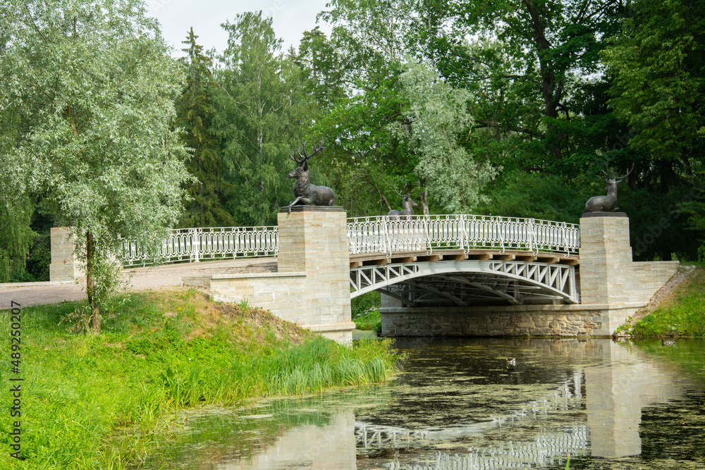 The Russian Empire era Deer Bridge over the canal in Pavlovsky Park in Pavlovsk, Saint Petersburg, Russia