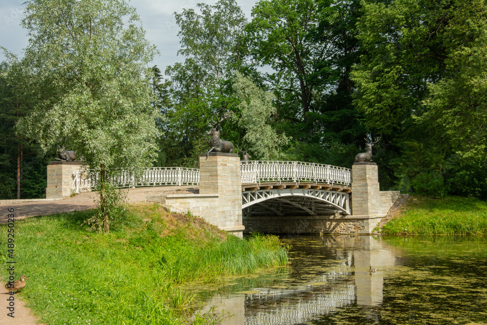 The Russian Empire era Deer Bridge over the canal in Pavlovsky Park in Pavlovsk, Saint Petersburg, Russia